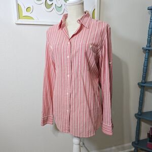 Lauren Ralph Lauren Sz XL Long Sleeve Button Front Shirt Red Pink Ivory Stripe